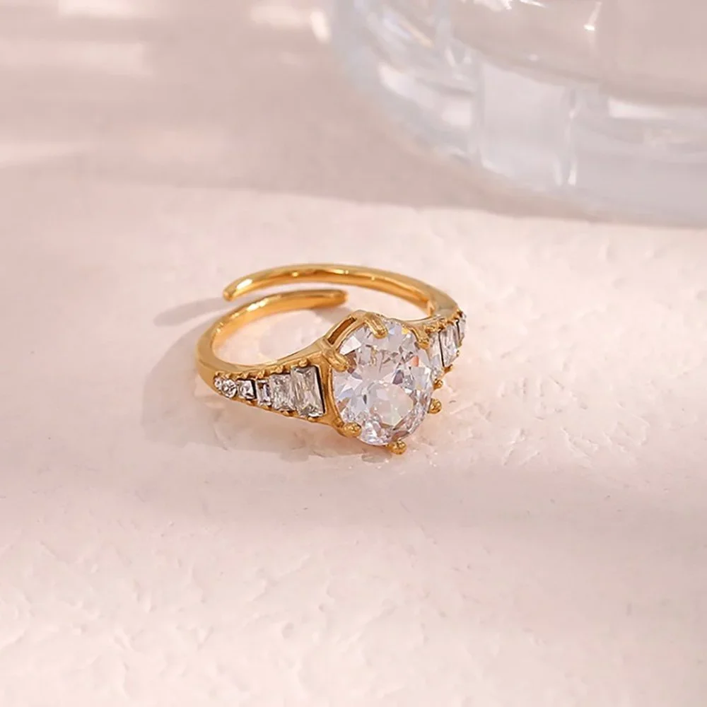 Luxury Crystal Zircon Adjustable 18K Gold Plated Stainless‎ Steel Ring